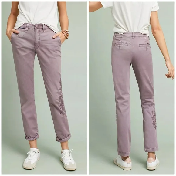 Anthropologie Relaxed Embroidered Chino Trousers in Lilac Size 25 - Picture 3 of 6